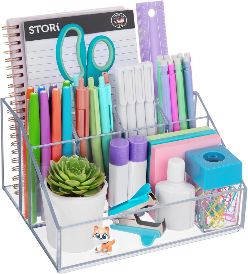 STORi Chloe Clear Plastic Stackable Desk Organizer, Rectangular 6-Compartment Office Supply Holder for Pens, Markers & Notepads, Made in USA - Image 1